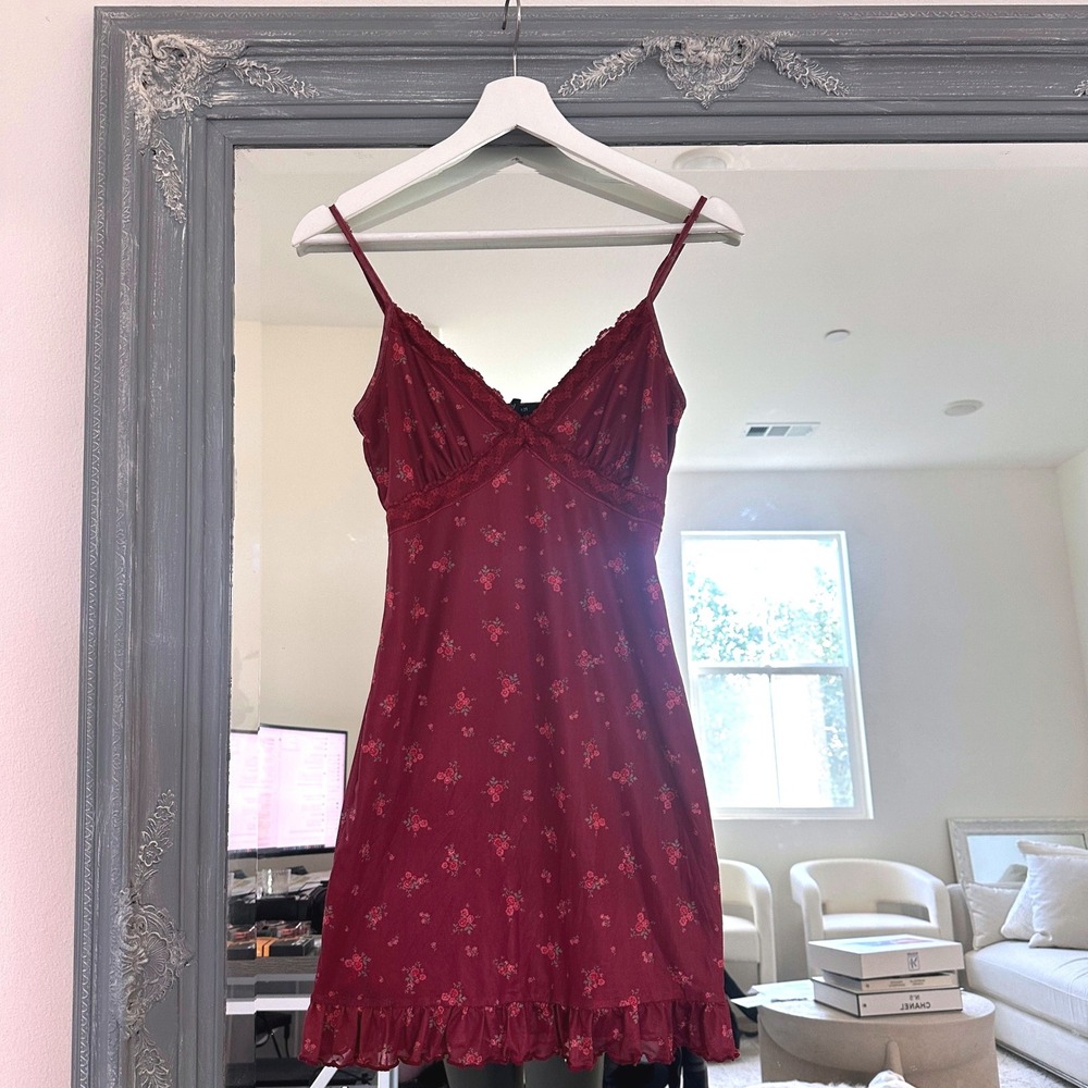 Forever 21 90s Babydoll Dark Fairy Whimsigoth Burgundy Floral Mesh Mini Dress S